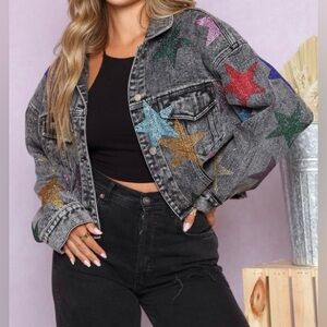 Peach Love California Sold by LALA Star-Studded Denim Jean Jacket Cropped